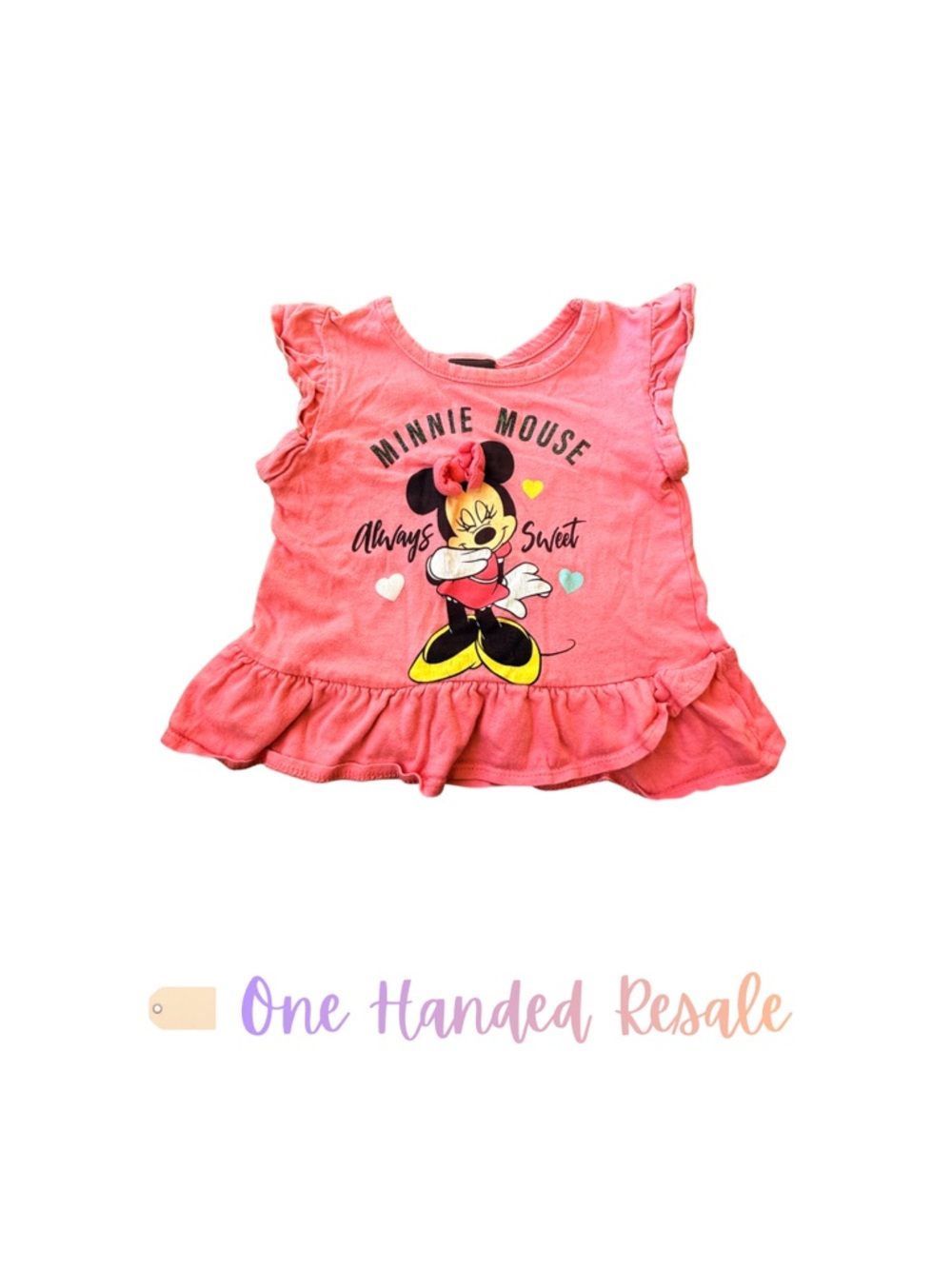 💝 Disney Kids Minnie Mouse Coral Pink Girls Always Sweet Ruffled Shirt Top 2T